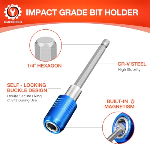 BLACKROBOT 2-Piece Magnetic Quick Change Impact Bit Holder, 4-Inch Long Drill Bit Extension for 1/4" Hex Drives, Ideal for Screwdriver Bits, Nuts, Drills and Socket Driver Adapters - size: 4 inch