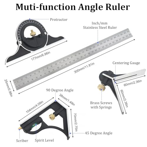 Combination Square Ruler Horizontal Square Multi-Function Carpentry Squares | 90 Degree Angle Rulers Protractor Level Measuring Set, Adjustable Sliding Woodworking Tools Inch/Metric(12"/30cm)