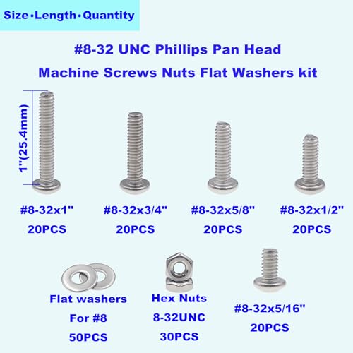 #8-32 UNC 304 Stainless Steel Phillips Pan Head Screw Nut Washer Kit - size: #8-32UNC