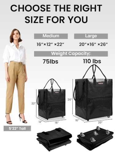 WORKPRO Large Rolling Grocery Bag, 36-Gallon Rolling Tote with 5 Wheels - color: Black, size: Large