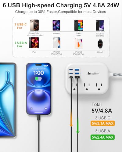 Beeiker Short Extension Cord 2 Foot Travel Power Strip 6 USB 3 Outlets - size: 2 FT-24W-980J-White