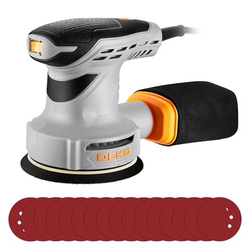 Random Orbital Sander: DEKOPRO 5" Corded 3.0 Amps Electric Sander with Dust Box, 6 Various Speeds Adjustable Palm Sander with Dust Box, 16Pcs Sandpapers for Woodworking & Sanding-Yellow