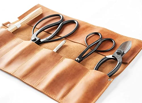 Leather Snap Tool Roll Up Bag with 6 Slots, Bonsai Tools Pocket Bag, Portable Carry Case for Bonsai Professionals, Salon Storage Organizer Pouch, Full Grain Leather, Handmade