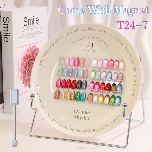 Double Rhythm 28Pcs 0.5Oz Cat Eye Gel Nail Polish Set Same Color Same Bottle Magnetic Gel Polish Kit Nail Art Manicure Salon DIY at Home (Silver Gold Red Black-T24-7) - color: Cat Eye Silver