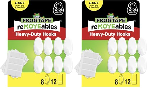 FrogTape reMOVEables Heavy Duty Wall Hooks - No Damage - Easy to Remove & Reuse - Medium Wall Hook with Adhesive Strips - Holds up to 3 lbs - Includes 8 Hooks and 12 Strips - White (Pack of 16) - size: Pack of 16, style: Medium