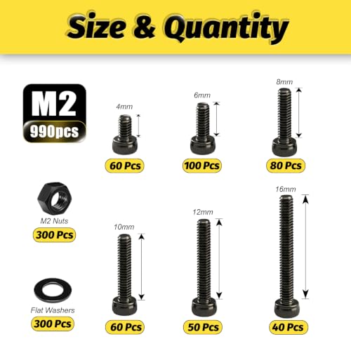 KADRICK 990PCS M2 Screws Kit,Class 12.9 Socket Head Cap Screw 4mm-16mm - size: M2 990Pcs