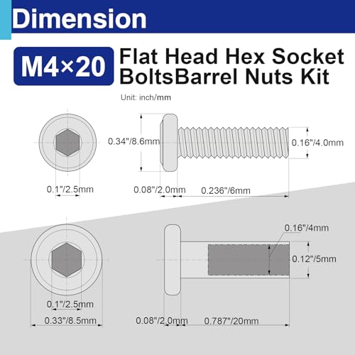 35 Sets M4 x 20mm Barrel Nuts and Bolts, Hex Socket Binding Screws - size: 35 Sets M4 x 20 mm