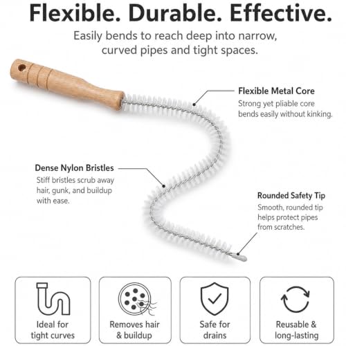 2 Pack Drain Cleaning Brush, 17 Inch Flexible Drain Cleaner Tool with Wooden Handle, Sink Brush with Nylon Bristles for Hair Clogs, Shower, Bathroom Tub, Kitchen Sink, Overflow Hole