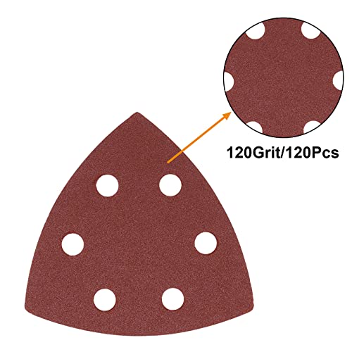 120 Pcs Triangle Sanding Pads, 120 Grits Detail Sander Sandpaper Hook and Loop Sanding Sheet,3.54"(90mm) Triangular Sandpaper for 3.5" Oscillating Multi Tool - size: 120 Grit, style: Hole