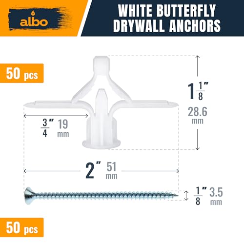 ALBO Drywall Anchor Kit Hollow Wall with Screws 100 pcs. (White Anchor 50pcs + Screws 50pcs) Plastic Hollow Wall Drilling Anchors - color: White 50pcs