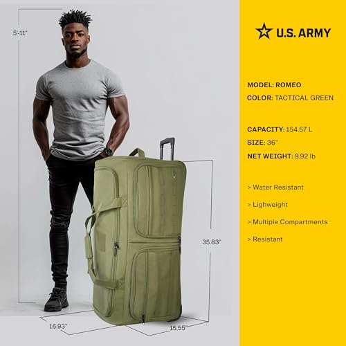 US Army ROMEO 36-inch Extra-Large Tactical Duffel Bag with Wheels | Heavy Duty Material, Molle Webbing, Water Resistant Military Rolling Bag for Travel, Deployment, Camping - Tactical Green - color: Tactical Green, size: 36-inch XL