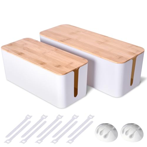 2Pack Cable Management Box,Wooden Style Cord Organizer Cord Hide Box - color: White