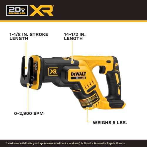 DEWALT 20V MAX XR Reciprocating Saw Cordless, Brushless, Compact,Variable Speed, Pivoting Head, LED Light, Tool Only (DCS367B)
