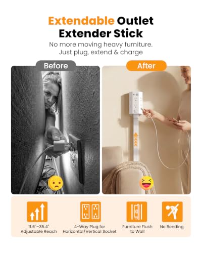 Flat Outlet Extender Stick,6 Widely Outlets,20W USBC,Extendable 11.6"-35.4"