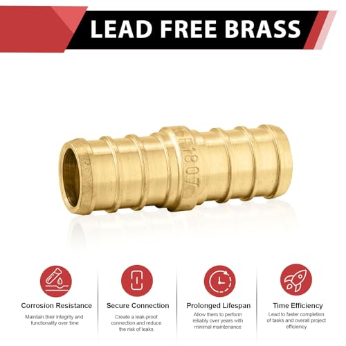 (Pack of 100) EFIELD Pex 3/8" x 3/8" Straight Coupling Brass Crimp Fittings, ASTM F1807,(PEX1807520-100PCS) - size: Pack of 100, style: 3/8" x 3/8"