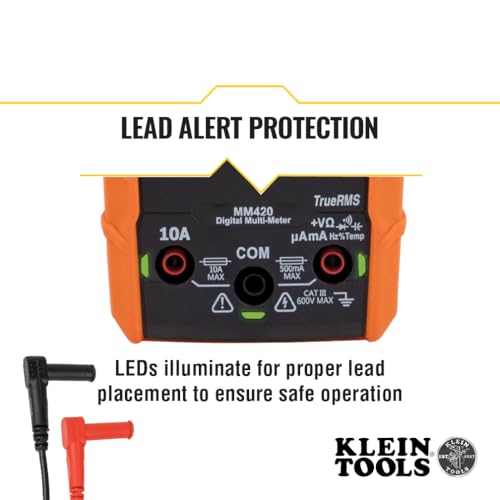 Klein Tools MM420 Digital Multimeter, Auto-Ranging TRMS Multimeter, 600V AC/DC Voltage, 10A AC/DC Current, 50 MOhms Resistance - size: Auto-Ranging