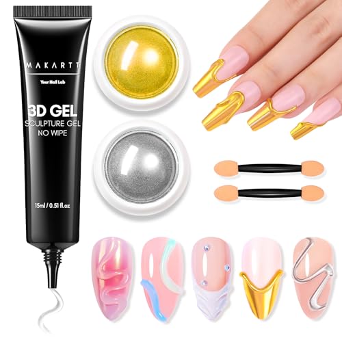 Makartt 15g 3D Nail Gel & Chrome Nail Powder Kit for Sculting and Drawing - color: A05-clear & chrome