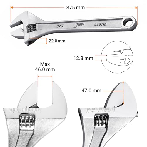 Jetech 15-Inch Adjustable Wrench, Professional Heavy Duty, Chrome Vanadium Steel, Shifter Spanner with Inch/Metric Scale, Wide Caliber Opening, Rust-Resistant Finish - size: 15 Inch