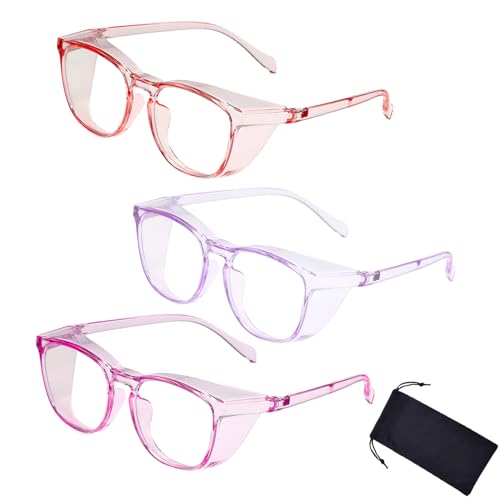 Safety Glasses for Men Women, Anti Fog Safety Goggles Comfortable Blue Light Blocking UV Protective Adult Nurse - color: Square Pink Purple 3pack