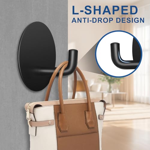 Adhesive Hooks for Bathrooms, 4 Piece Towel Hooks for Hanging Hat Robe Coat, Stick on Hooks for Kitchens, Strong Self-Adhesive No Damage Waterproof Stainless Steel Sticky Hook (Black) - color: Round-A-Black