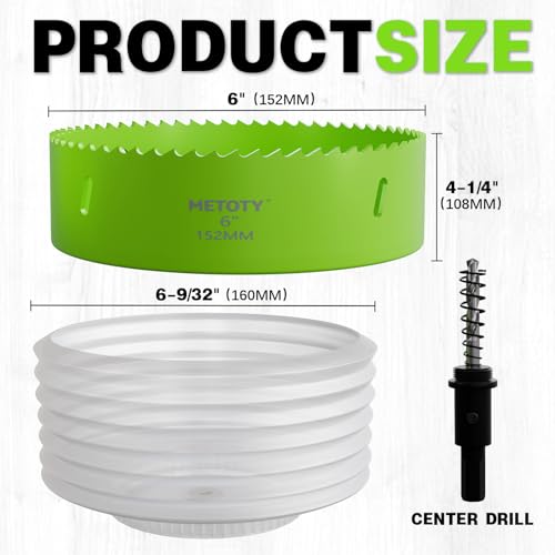 Bi-Metal Hole Saw 6 Inch for Recessed Lights, 6" Hole Cutter with Dust Bowl Catcher – Cuts Wood, Thin Metal, Ideal for LED Lighting Installation - size: 6"