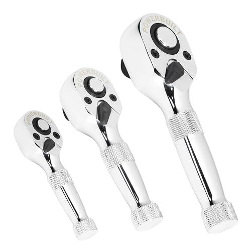 Powerbuilt 3 Piece 1/4-Inch, 3/8-Inch and 1/2-Inch Stubby Ratchet Set, Quick-Release Reversible 90 Tooth, Tight Spaces, Mini Small Ratchet Wrench - 643153ECE - style: 3 Pc Ratchet Set