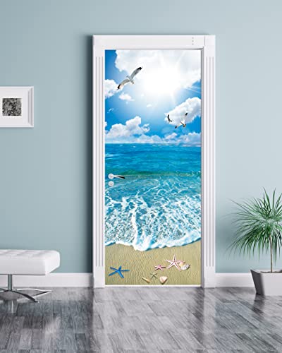 FLFK Door Mural Sticker - Beach Ocean,Peel and Stick,Combined Size 32"x80",Split into 2 Pieces - color: Mt969, size: 32"x80"