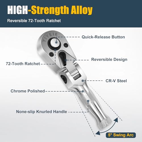 YIYEIE Stubby Flex Head Ratchet Set, 6PCS Stubby Ratchet Set 1/4 3/8 1/2 inch with 3 Extension Bars, 72 Tooth Reversible & Quick-Release, 180° Swivel Head Mini Handle with EVA Foam - size: 1/4", 3/8", 1/2" Drive, style: Stubby Ratchet Set