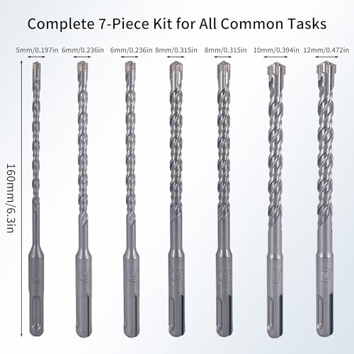 SDS Plus Masonry Drill Bit Set, 7pcs 6.3in (160mm) Rotary Hammer Drill Bits with Storage Case 4-Cutter Cross Tip Double Thread Tungsten Steel Concrete Drill Bit for Concrete, Brick, Stone, Walls