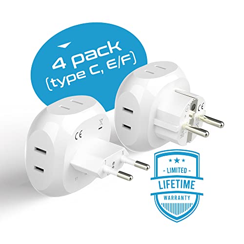 Ceptics Europe Travel Adapter Plug Set Schuko - 4 Input - Ultra Compact - Light Weight Type C, Type E/F - USA to Any Type C E/F Countries Such as Germany, France- 4 Pack (PT-9-9C-4PK),White - size: 4 Pack, style: Type C , E/F - European 2 pack set