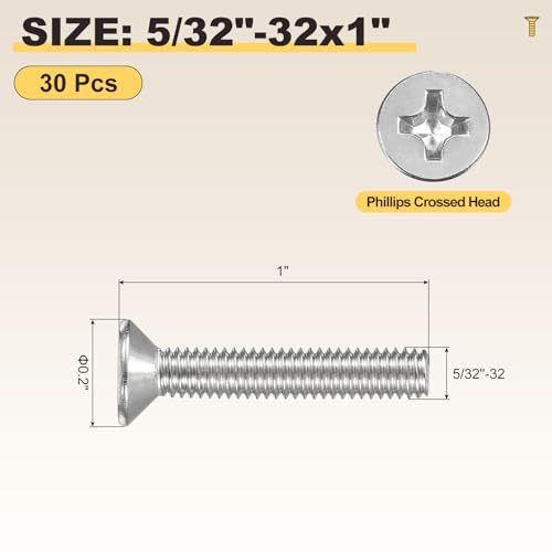 METALLIXITY 5/32"-32x1 Phillips Flat Head Bolts 304 Silver 30Pcs - color: Silver, size: 5/32"-32x1"