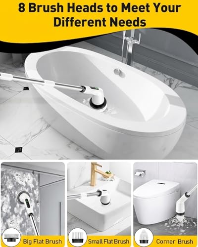 Electric Spin Scrubber for Bathroom, Shower Scrubber with Long Handle - color: White, size: 8 Brush Heads