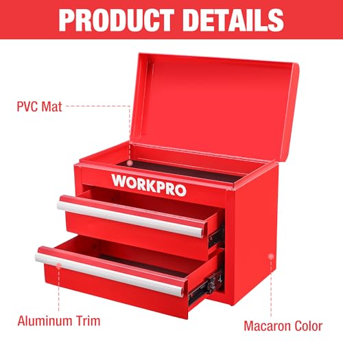 WORKPRO Metal Mini Tool Box with 2 Drawers and Top Storage - color: Red