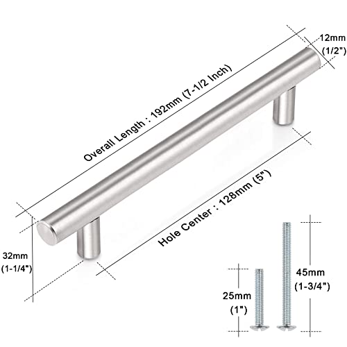 Probrico 5 Pack Stainless Steel Kitchen Cabinet Drawer Closet Handles Bedroom Dresser Pulls 5"/128mm Hole Centers - color: Brushed Nickel, size: hole center 5"