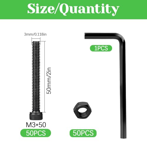 100Pcs M3 x 50mm Hex Socket Head Cap Screws Bolts, Carbon Steel, Black Oxide Finish, Allen Socket Drive, Full Threads,with Hex Spanner - size: M3 x 50-100Pcs