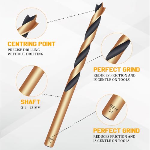 25PCS 1-13mm Metric Brad Point Drill Bit Set,HSS Fully Ground Double Flute Wood Drill Bits for All Types of Wood, with Index Storage Case (0.5mm Step)