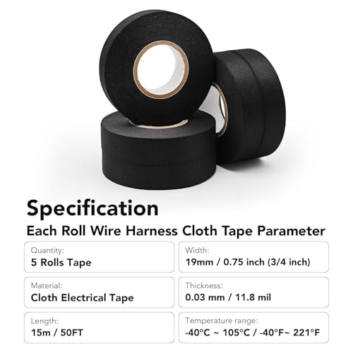 Wire Harness Automotive Cloth Tape, Adhesive High Noise Resistance Heat Proof, Chemical Fiber Fabric Electrical Tape for Wrapping Wiring Harness/Insulation (5 Rolls 3/4 Inch x 50 FT)