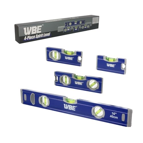 WBE 4-Piece Torpedo Level Set, Aluminium Alloy Magnetic Spirit Level Included 16", 7", 5", 4" Leveler with 180°/90°/45° Bubbles, Clear, Green.