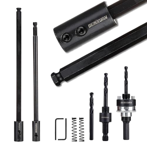 GEINXURN General Quick-Change Hole Saw Mandrel Kit, Includes 7/16-inch and 3/8-inch Arbor, 3 Pilot Drills, 2 hex Wrenches,Springs with 8“-3/8 inch and 10”-1/2 Inch Hex Shank Locking Impact Extension - size: GHSM038LX2EC