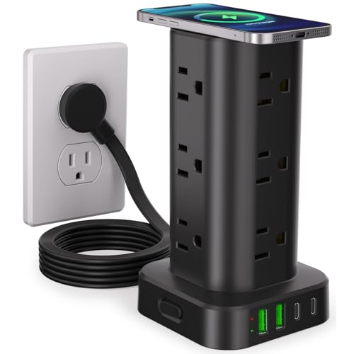6FT Power Strip Tower with Wireless Charger,Surge Protector with 12 Outlets - color: Black, size: 6FT with Wireless Charging
