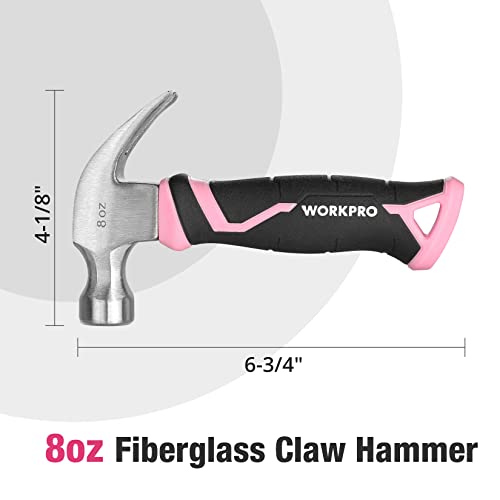 WORKPRO 8 oz Claw Hammer, Pink Hammer with Fiberglass Handle, Pink Ribbon - color: Pink Ribbon, size: 8 oz