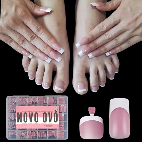 NOVO OVO French Tip Matching Press on Nail tips set, BERRY PINK Square Finger and Square Round Toe Nail Tips kit, Soft Gel Nail Extension, Pre-applied Tip Primer & Matte Base Coat x 15 Sizes 360 pcs - color: Berry Pink Hand and Foot Set