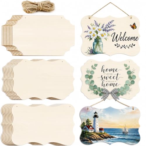 FSWCCK 24 Pieces Unfinished Hanging Wood Sign Blank with Ropes, Rectangle Blank Wood Sign Plain Hanging Craft Door Signs Wall Art Farmhouse Wooden Sign for Door Wall Art Decoration (3 Style)