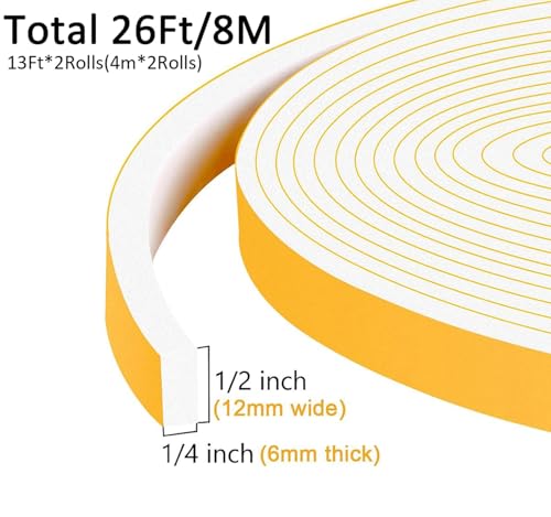 White Foam Weather Stripping Door Seal, Strong Adheseive, 1/2x1/4in - color: White, size: 1/2 In x 1/4 In x 26Ft