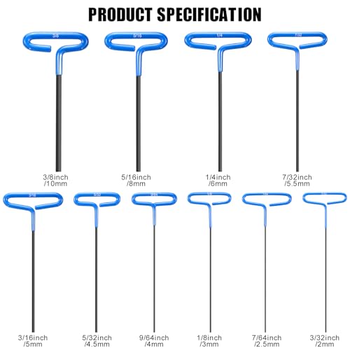 Honoson 10 Pcs T-Handle Allen Hex Key Wrench Set 9 Inch 3/32-3/8,Blue - color: Blue