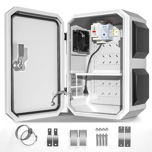 Outdoor Electrical Box with Thermostat and Fan, Cold-Rolled Steel Plate, Aluminum Alloy Back Beam, One-Piece Ventilation Design, IP65 Waterproof, Wall/Pole Mounted. (17.7" x 13.8" x 7.9") - size: 17.7" x 13.8" x 7.9"
