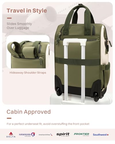 Rolling Puffer Backpack for Women, Travel Backpack with Wheels, 16 Inch Wheeled Laptop Backpack, Dual-Opening Design Overnight College Underseat Carry on Luggage, Roller Business Work Bag, Green - color: Green
