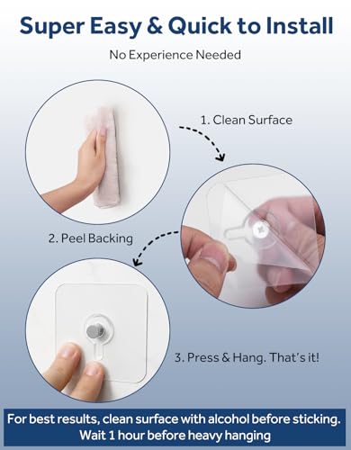 22 Pcs Adhesive Picture Hooks, 25 Ibs Load Heavy Duty Self Adhesive Wall Hooks for Hanging, Waterproof Picture Hangers Without Nails for Bathroom Kitchen, Transparent Sticky Hooks for Frames