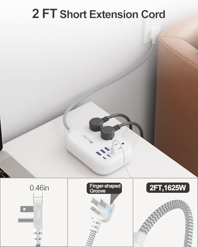 Beeiker Short Extension Cord 2 Foot Travel Power Strip 6 USB 3 Outlets - size: 2 FT-24W-980J-White