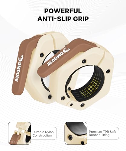 DMoose Fitness Barbell Clips 2 Inch (Pair) - Quick Release Olympic Barbell Clamps & Collars with Anti Slip TPR Grip for Secure Weightlifting and Powerlifting - Weight Clips for Bars at Home or Gym - color: Beige, style: Magnetic